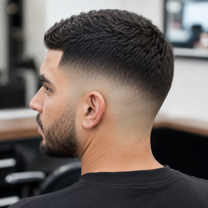Finished professional skin fade haircut with crisp temple detail and smooth blending