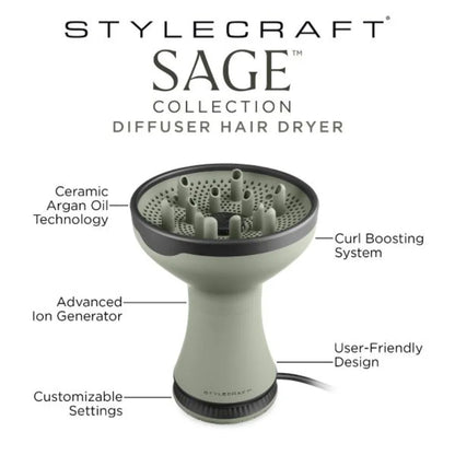 StyleCraft Sage Diffuser Hair Dryer (2-in-1 Diffuser Dryer) - Sage Green - MV hair and beauty