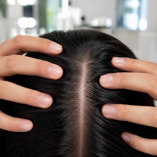 Clean fingertips massaging Trichoderm leave-on serum into a parted scalp