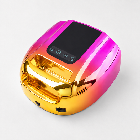 Pink-to-gold rechargeable UV nail lamp with dark display and four timer controls