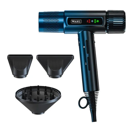 Vanquish Midnight Blue Dryer with two attachable nozzles for versatile styling.