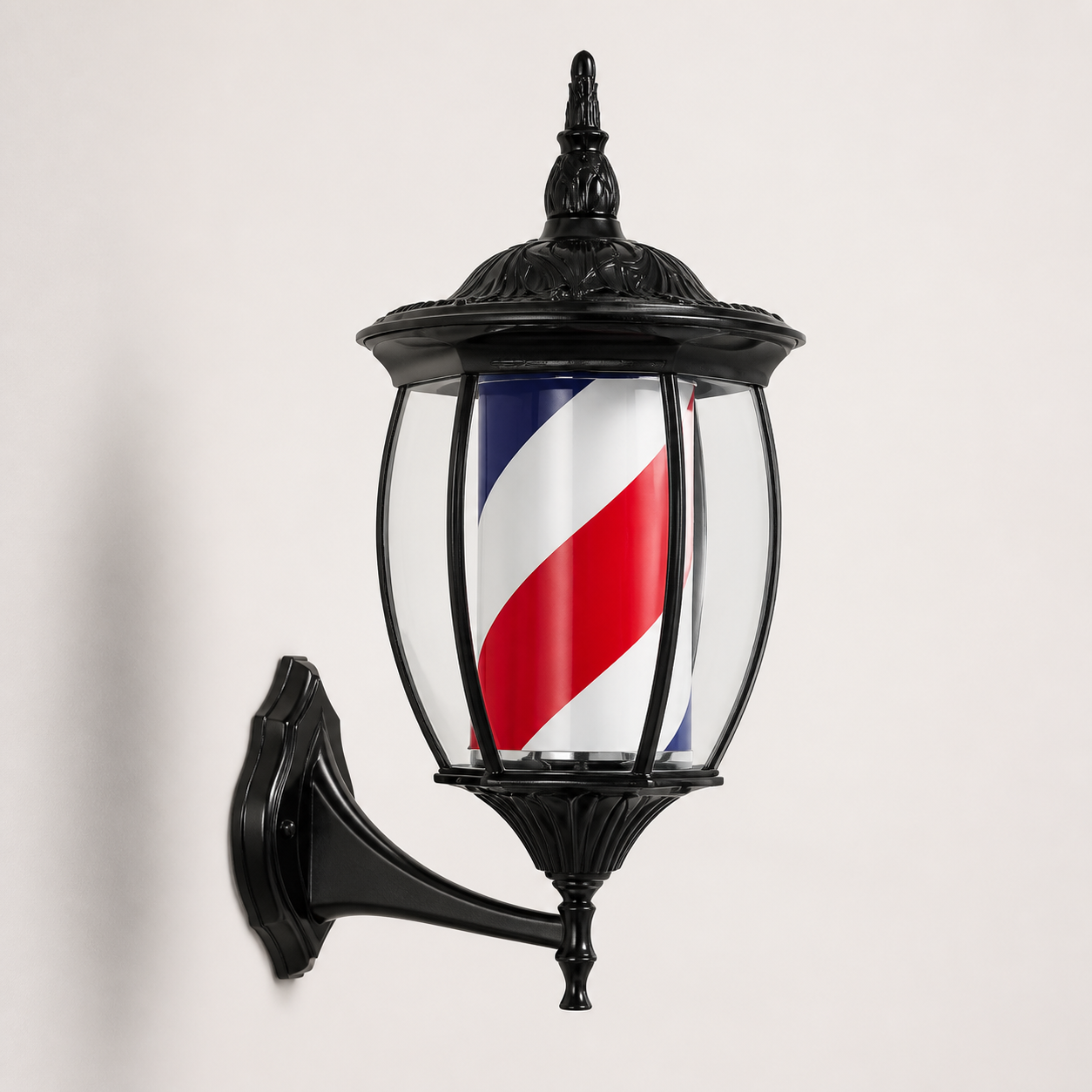 Vintage Black Rotating Barber Pole – Red, White & Blue 49cm housing and striped cylinder detail