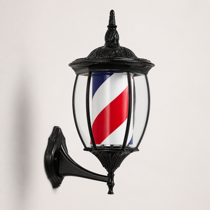 Vintage Black Rotating Barber Pole – Red, White & Blue 49cm housing and striped cylinder detail