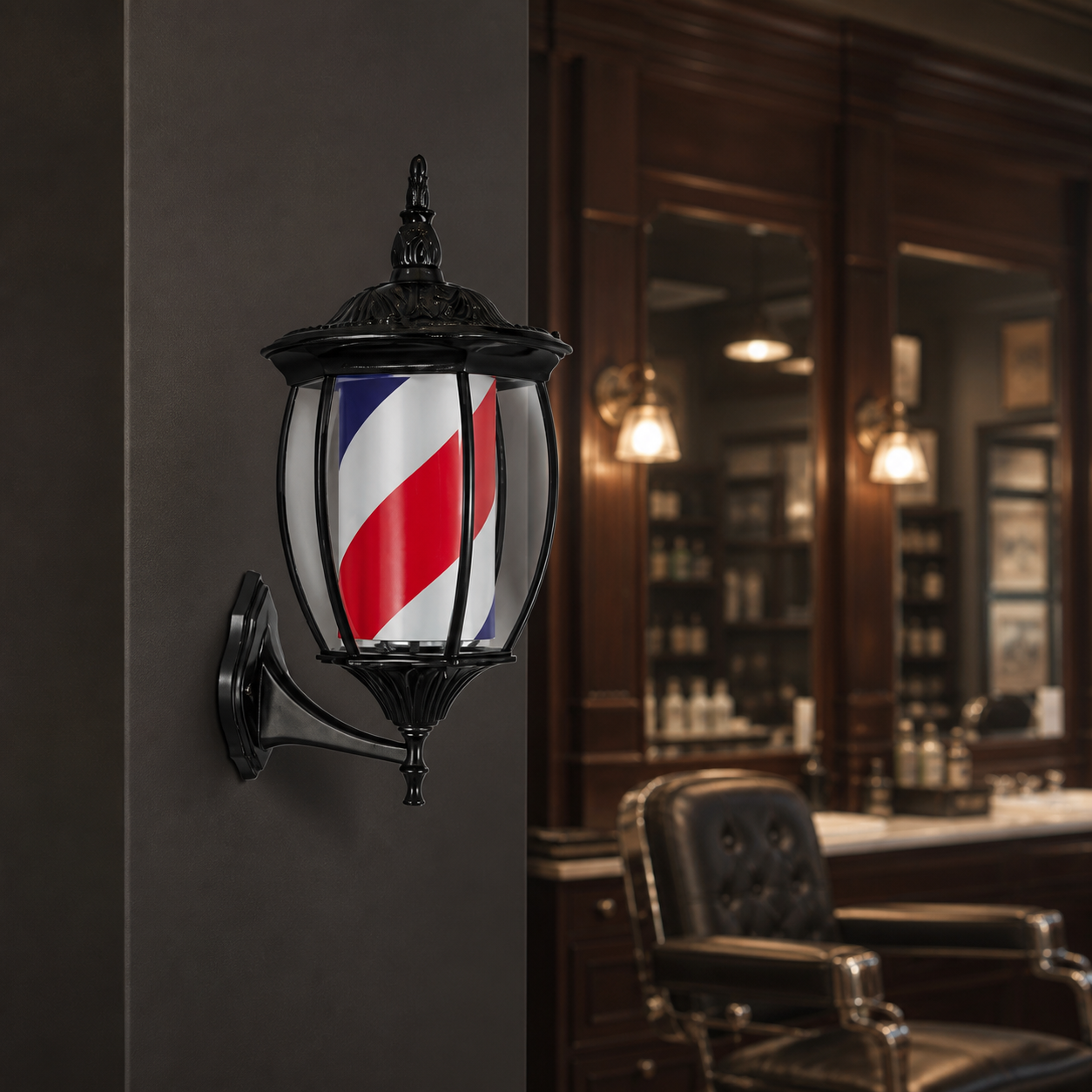 Vintage Black Rotating Barber Pole – Red, White & Blue 49cm displayed inside a premium barbershop