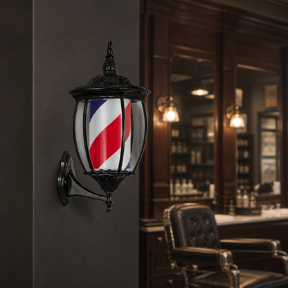 Vintage Black Rotating Barber Pole – Red, White & Blue 49cm displayed inside a premium barbershop