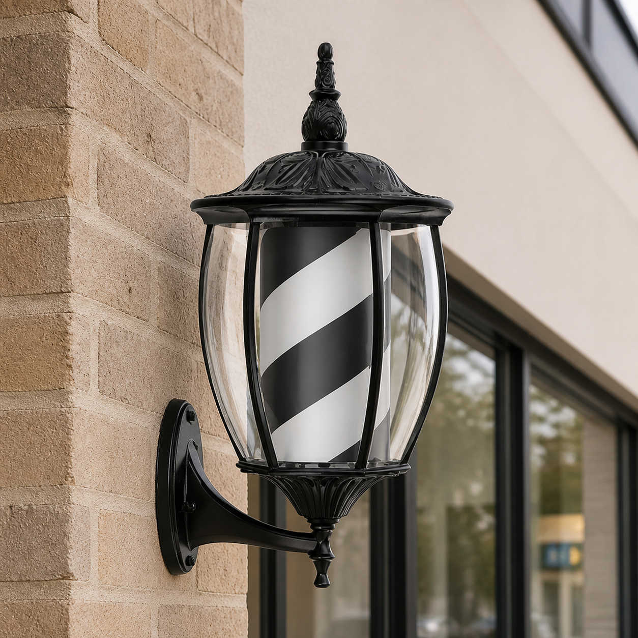 Vintage Black & White Barber Pole Light – 49 x 24cm installed on a modern barbershop exterior