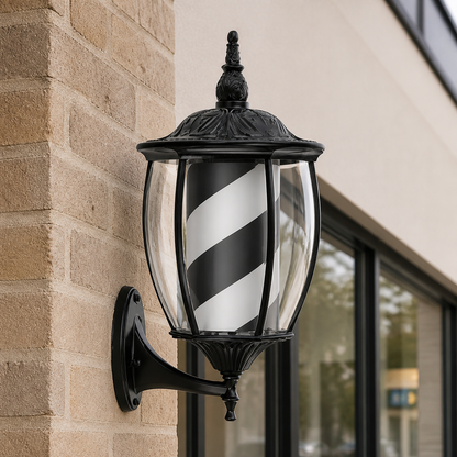 Vintage Black & White Barber Pole Light – 49 x 24cm installed on a modern barbershop exterior