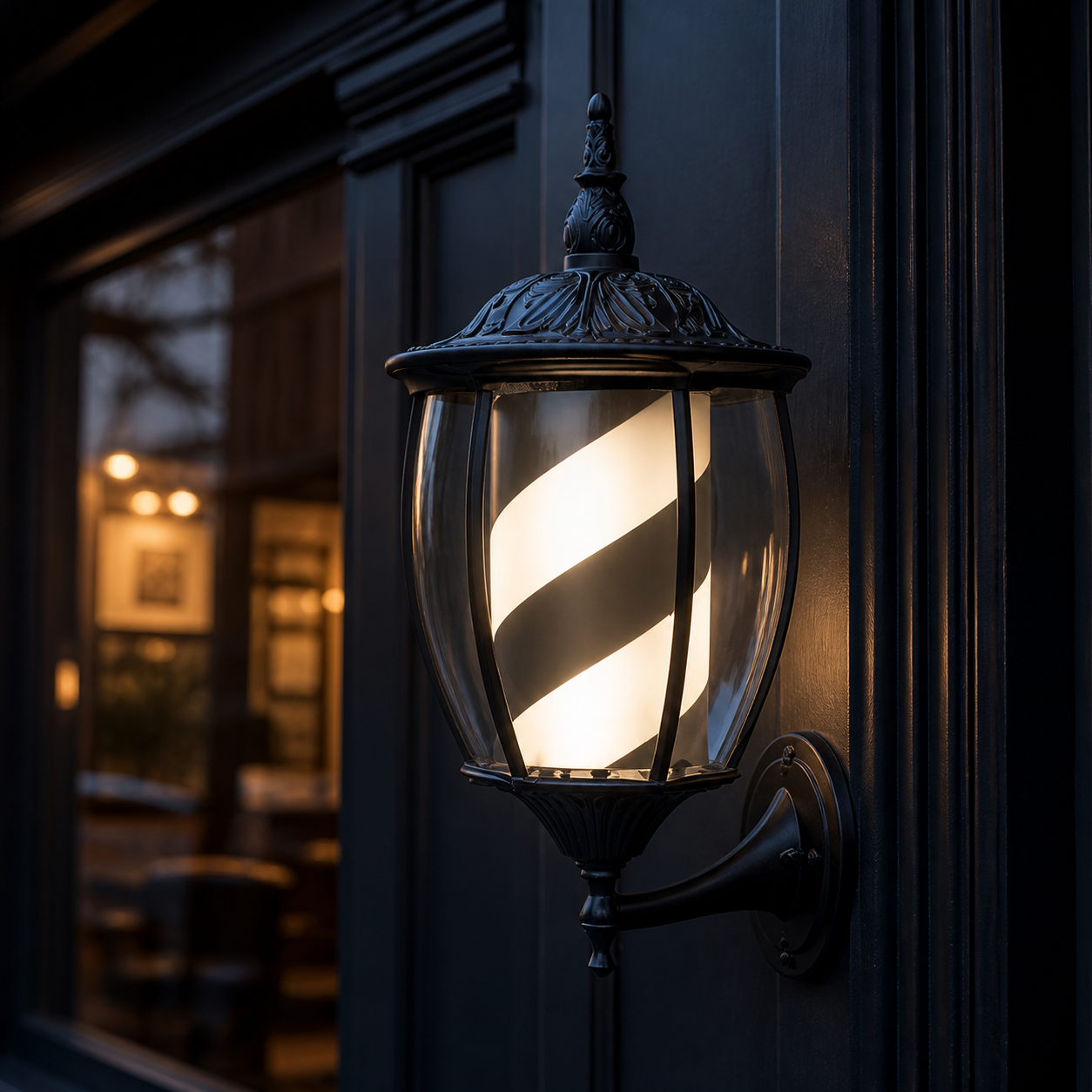 Vintage Black & White Barber Pole Light – 49 x 24cm displayed at a barbershop at dusk