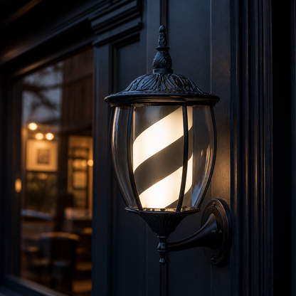 Vintage Black & White Barber Pole Light – 49 x 24cm displayed at a barbershop at dusk
