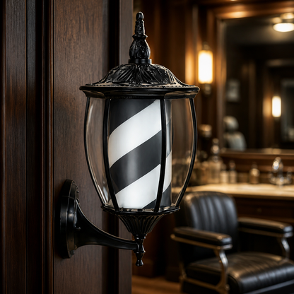 Vintage Black & White Barber Pole Light – 49 x 24cm displayed inside a premium barbershop