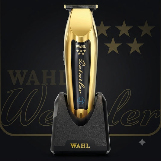 Wahl Gold Cordless Detailer Li trimmer on charging stand black background