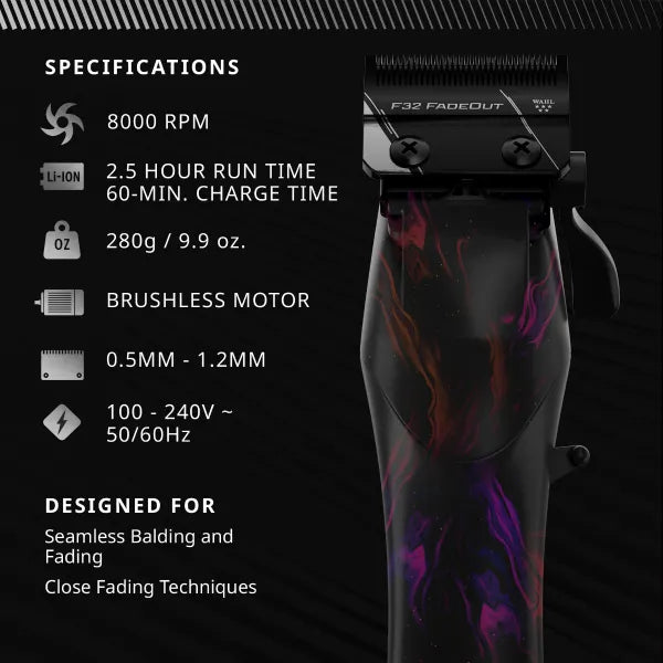 Wahl Vapor Space clipper specifications including 8000 RPM and 2.5-hour runtime