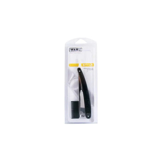 Black Wahl folding barber razor open for professional detailing
