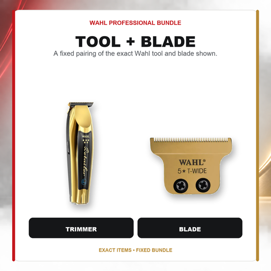 Wahl Gold Detailer + T-Wide Gold Blade feature overview showing Wahl 5 Star Cordless Detailer Li Trimmer – Gold and Wahl T-Wide Trimmer Blade Gold