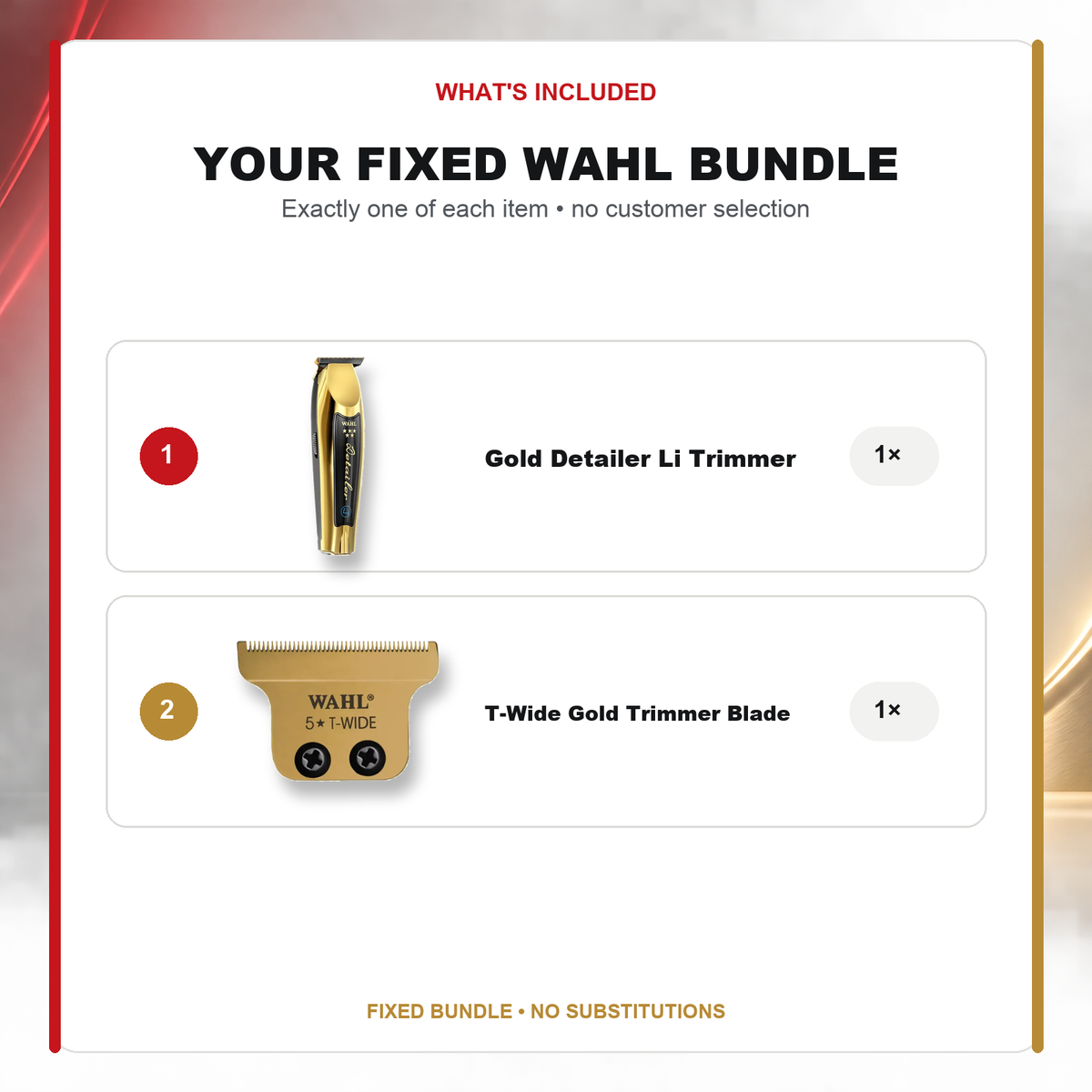 Wahl Gold Detailer + T-Wide Gold Blade what’s included: one Wahl 5 Star Cordless Detailer Li Trimmer – Gold, one Wahl T-Wide Trimmer Blade Gold