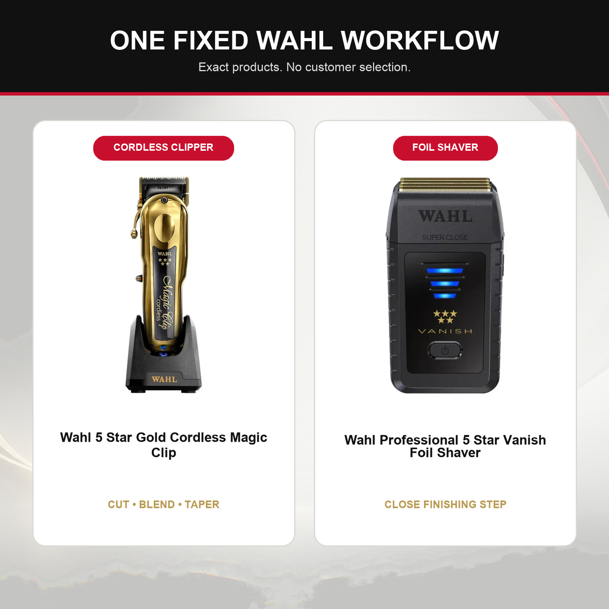 Wahl Gold Magic Clip + Vanish Shaver Duo feature overview showing Wahl 5 Star Gold Cordless Magic Clip and Wahl Professional 5 Star Vanish Foil Shaver
