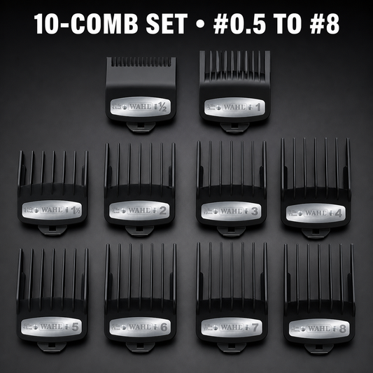 Wahl Premium Guide Combs 10 pack showing sizes 0.5 to 8 with benefit text
