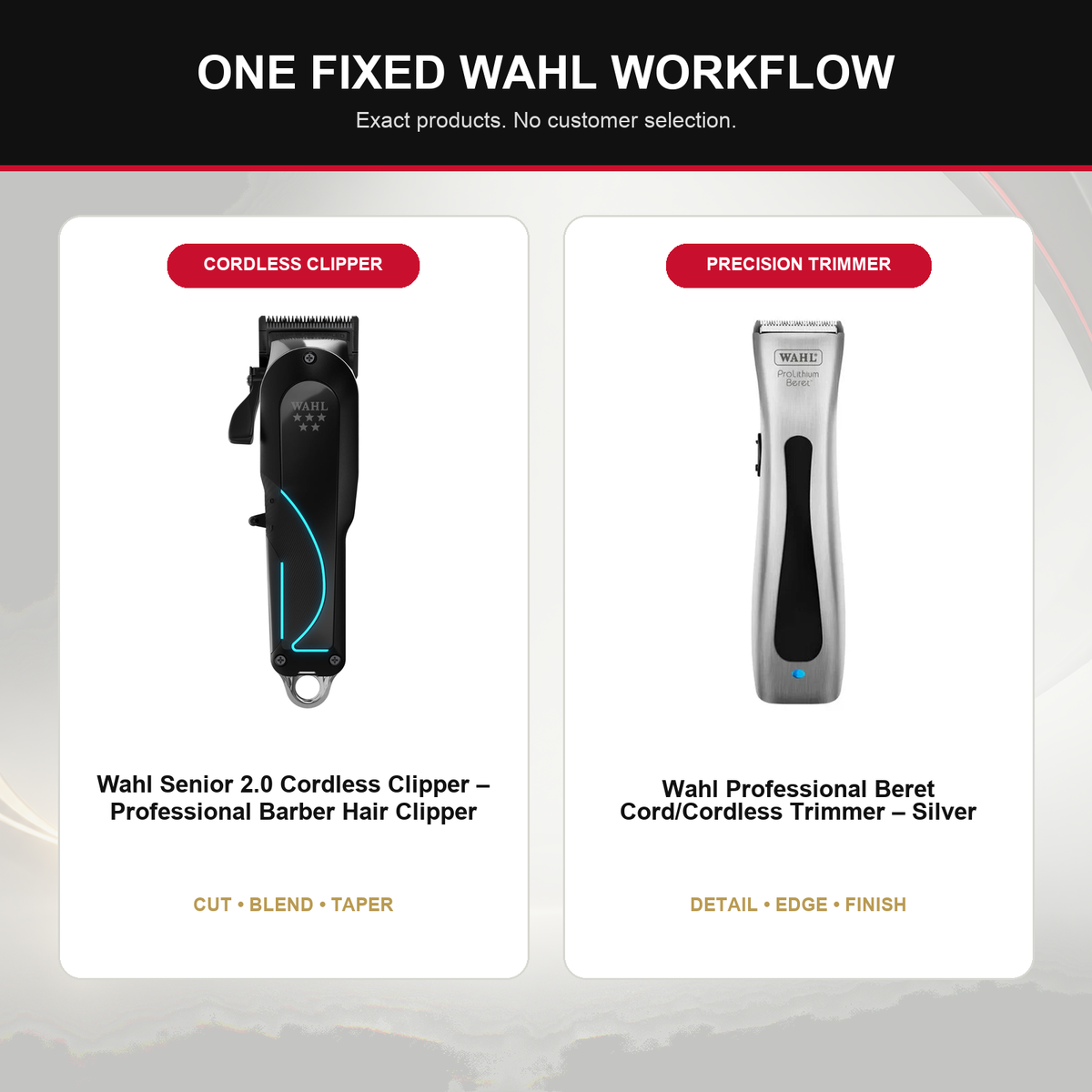 Wahl Senior 2.0 + Silver Beret Duo feature overview showing Wahl Senior 2.0 Cordless Clipper – Professional Barber Hair Clipper and Wahl Professional Beret Cord/Cordless Trimmer – Silver