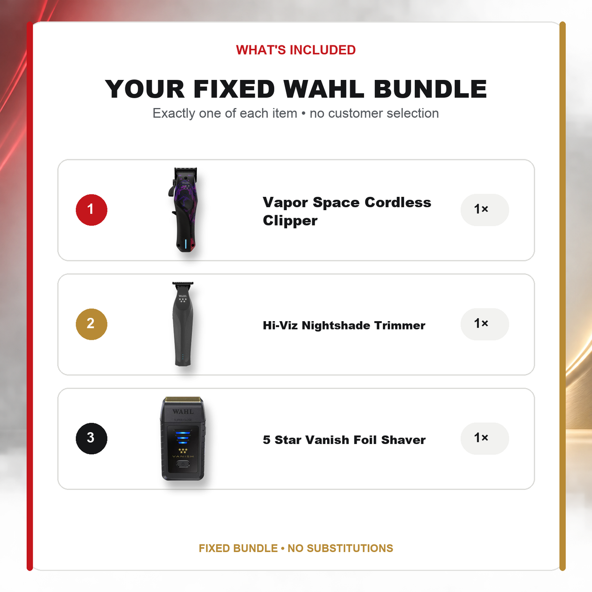 Wahl Vapor Space Barber Trio – Clipper, Trimmer & Shaver what’s included: one Wahl 5-Star Vapor Space Limited Edition Cordless Clipper with Charging Stand, one Wahl Hi-Viz Nightshade Trimmer, one Wahl Professional 5 Star Vanish Foil Shaver