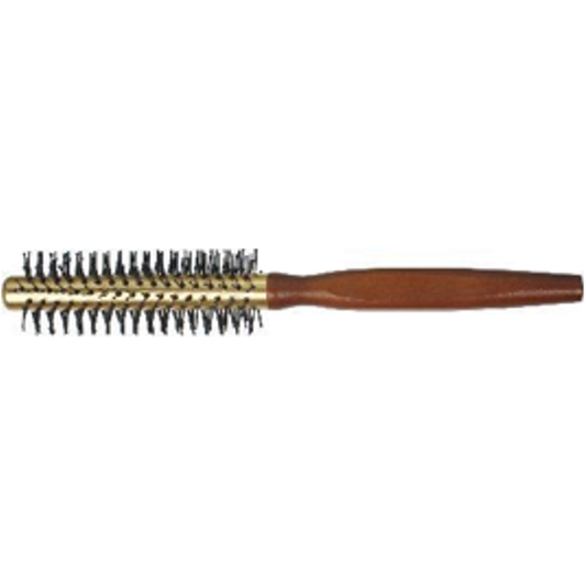 Small wooden round hair brush with a gold-tone vented barrel