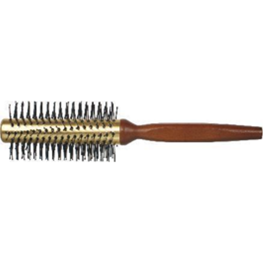 Large wooden round hair brush with a gold-tone vented barrel