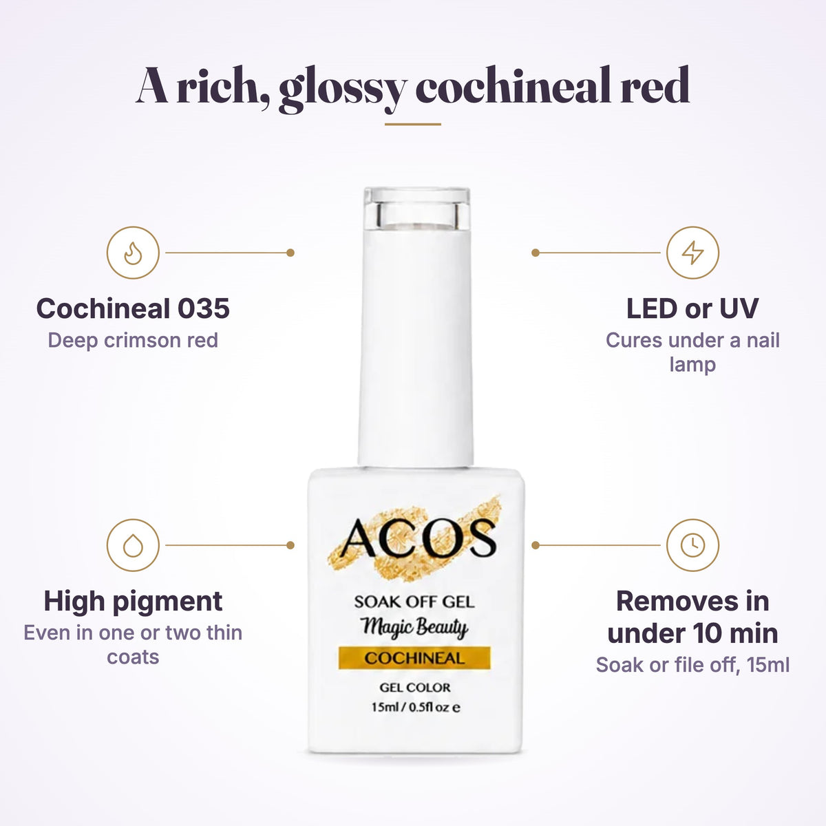 ACOS Magic Beauty Gel Polish 035 Cochineal 15ml features infographic
