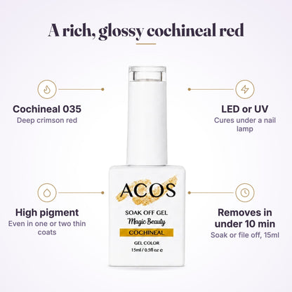 ACOS Magic Beauty Gel Polish 035 Cochineal 15ml features infographic