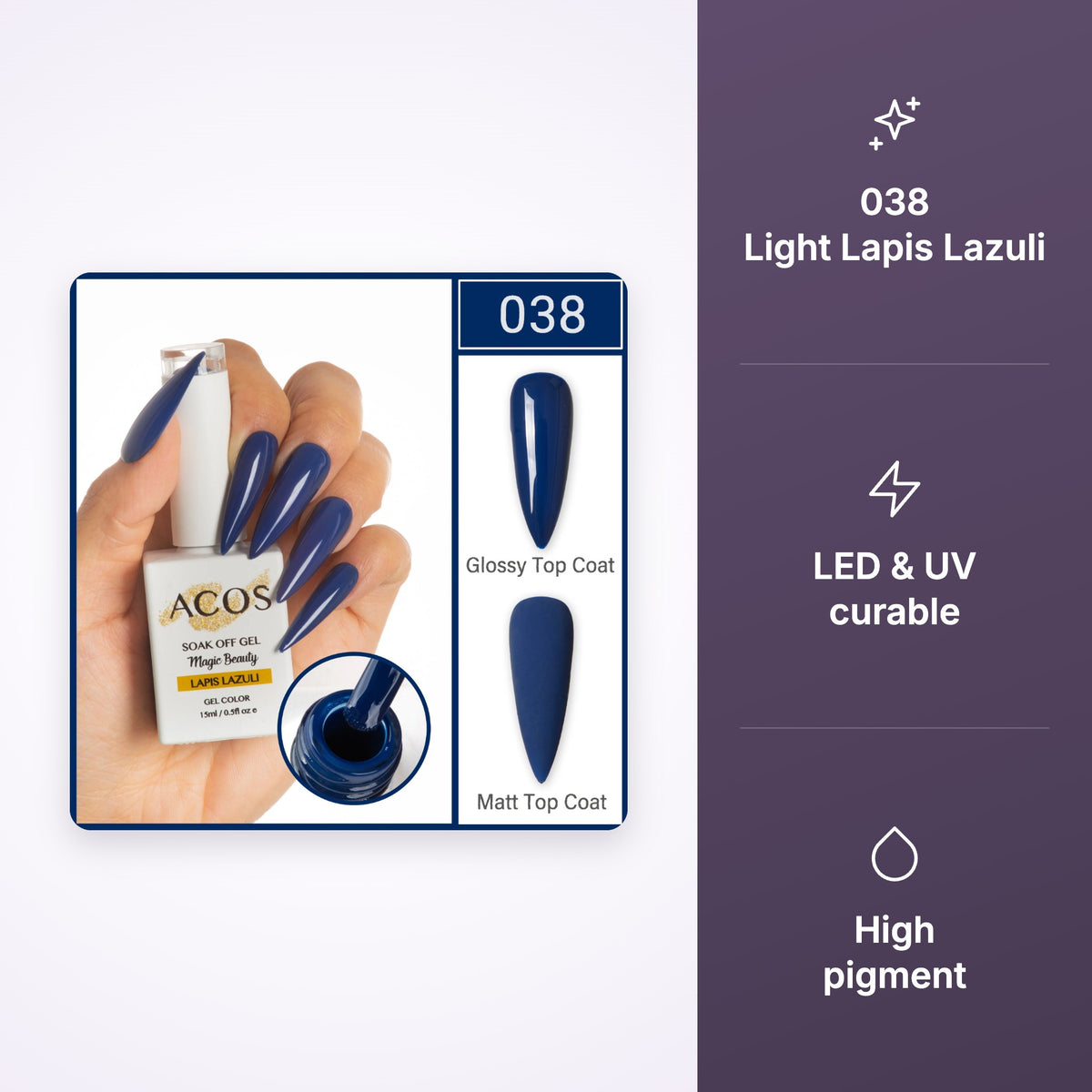 ACOS Magic Beauty Gel Polish Colour Light LAPIS LAZULI (038) key benefits infographic