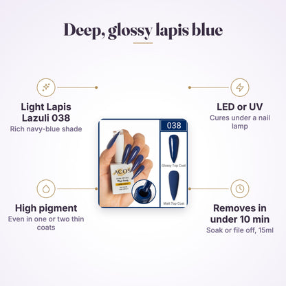 ACOS Magic Beauty Gel Polish Colour Light LAPIS LAZULI (038) features infographic