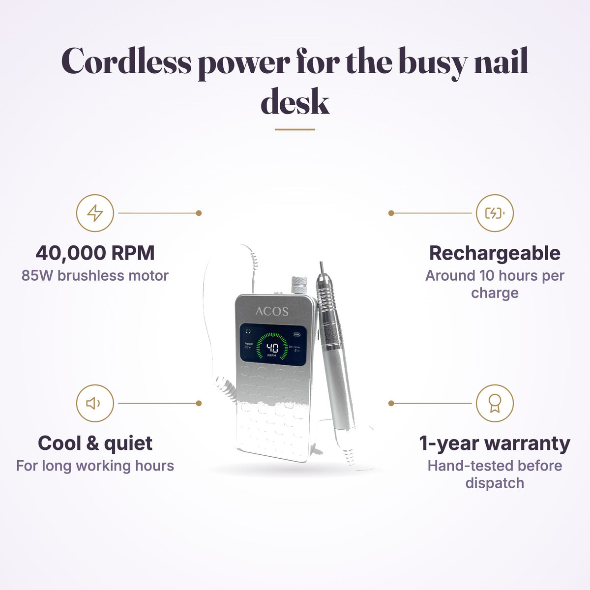 ACOS Premium High Quality Portable Brushless Rechargeable Nail Drill product features