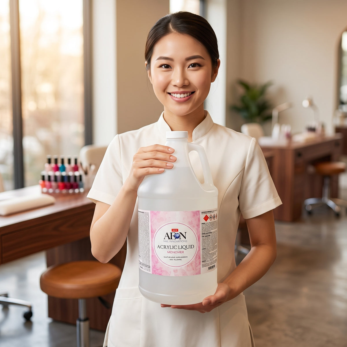 Nail technician holding a gallon of AEON Purple Acrylic Nail Liquid