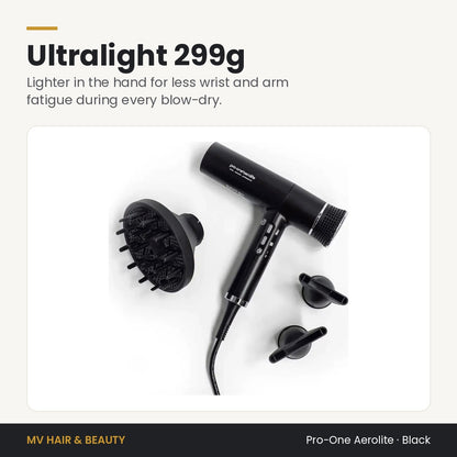 Pro-One Aerolite Hair Dryer in Black weighs just 299g for less hand and wrist fatigue