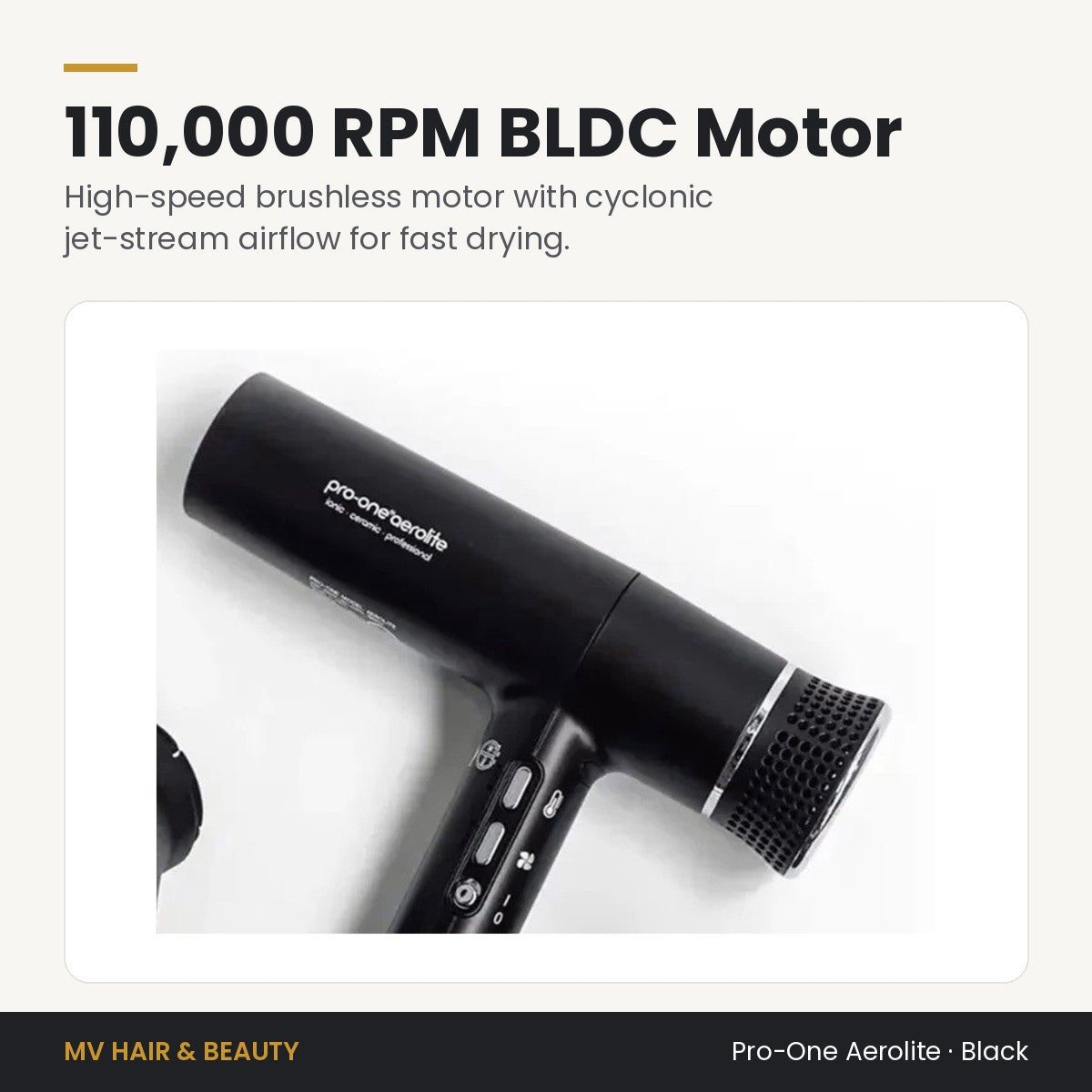 Pro-One Aerolite Hair Dryer in Black 110,000 RPM brushless motor and cyclonic jet-stream airflow
