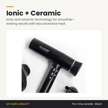 Pro-One Aerolite Hair Dryer in Black with ionic and ceramic technology for smoother-looking hair