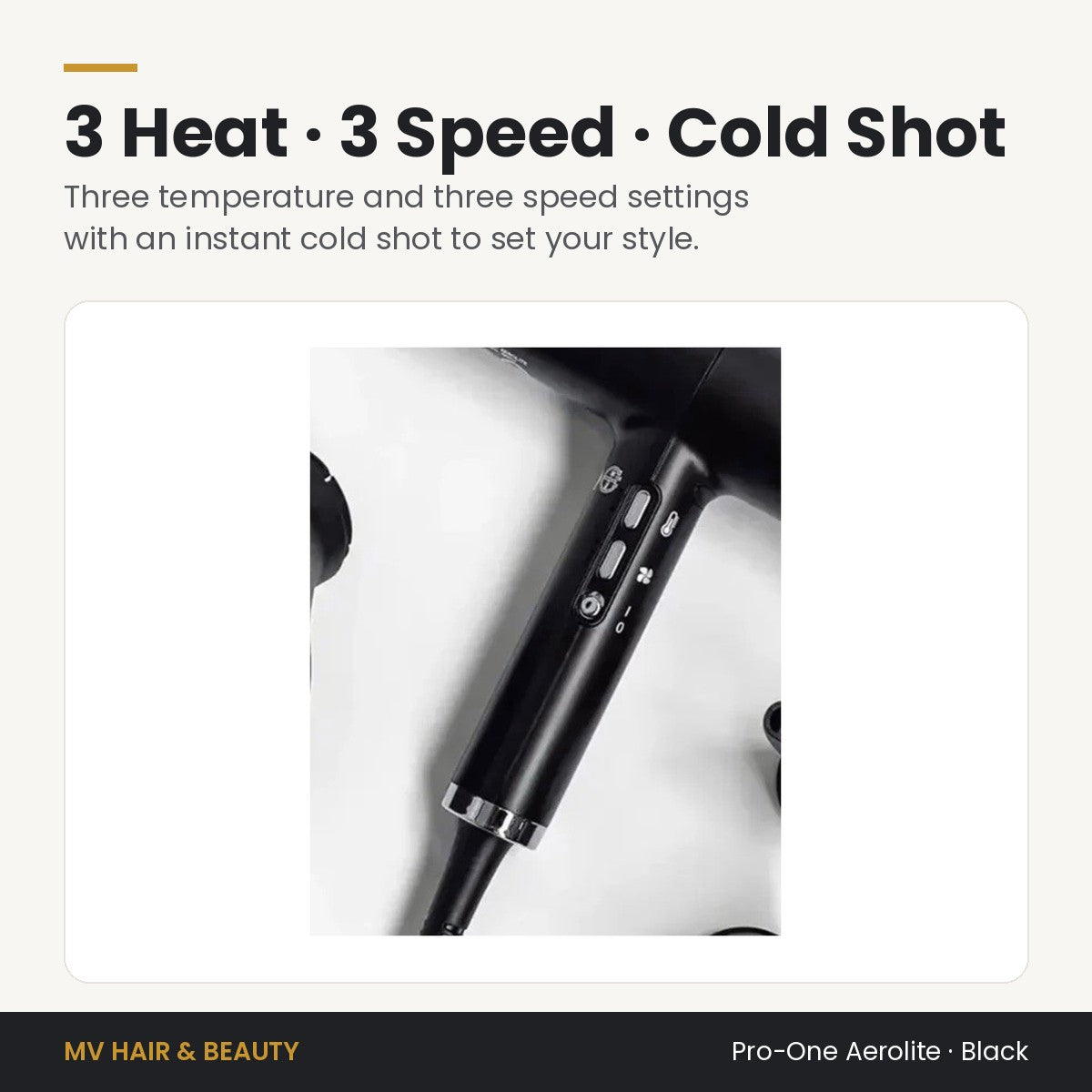 Pro-One Aerolite Hair Dryer in Black controls: three heat, three speed settings and instant cold shot
