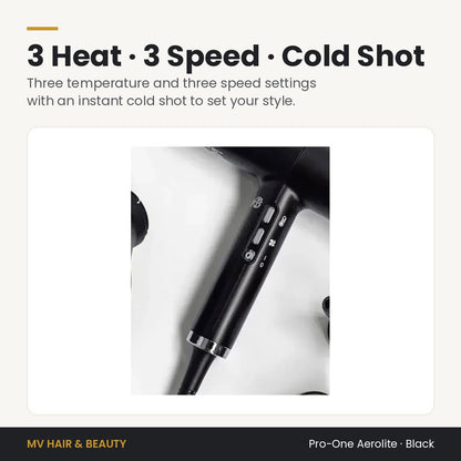 Pro-One Aerolite Hair Dryer in Black controls: three heat, three speed settings and instant cold shot