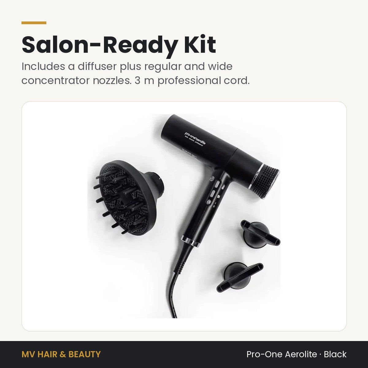 Pro-One Aerolite Hair Dryer in Black kit: diffuser, regular and wide concentrator nozzles, 3 m cord