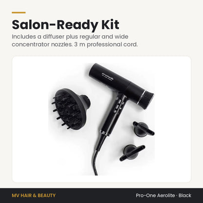 Pro-One Aerolite Hair Dryer in Black kit: diffuser, regular and wide concentrator nozzles, 3 m cord
