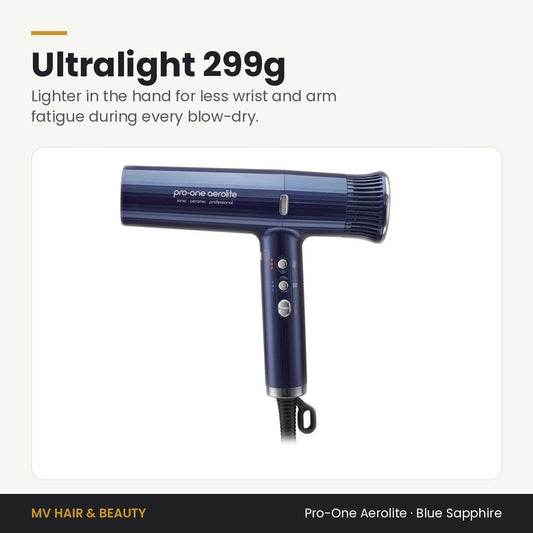 Pro-One Aerolite Hair Dryer in Blue Sapphire weighs just 299g for less hand and wrist fatigue