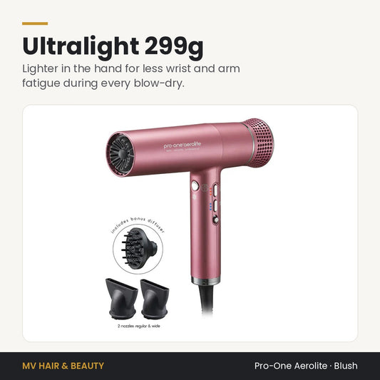 Pro-One Aerolite Hair Dryer in Blush weighs just 299g for less hand and wrist fatigue