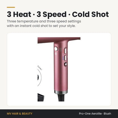 Pro-One Aerolite Hair Dryer in Blush controls: three heat, three speed settings and instant cold shot