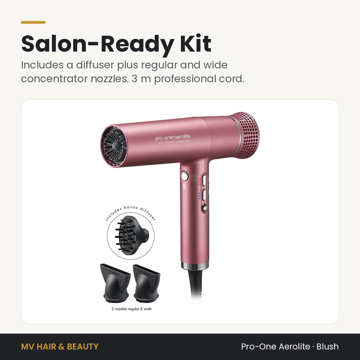 Pro-One Aerolite Hair Dryer in Blush kit: diffuser, regular and wide concentrator nozzles, 3 m cord
