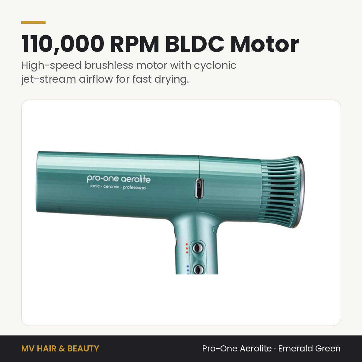 Pro-One Aerolite Hair Dryer in Emerald Green 110,000 RPM brushless motor and cyclonic jet-stream airflow