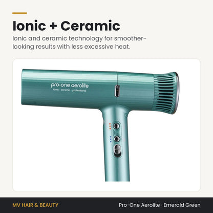 Pro-One Aerolite Hair Dryer in Emerald Green with ionic and ceramic technology for smoother-looking hair