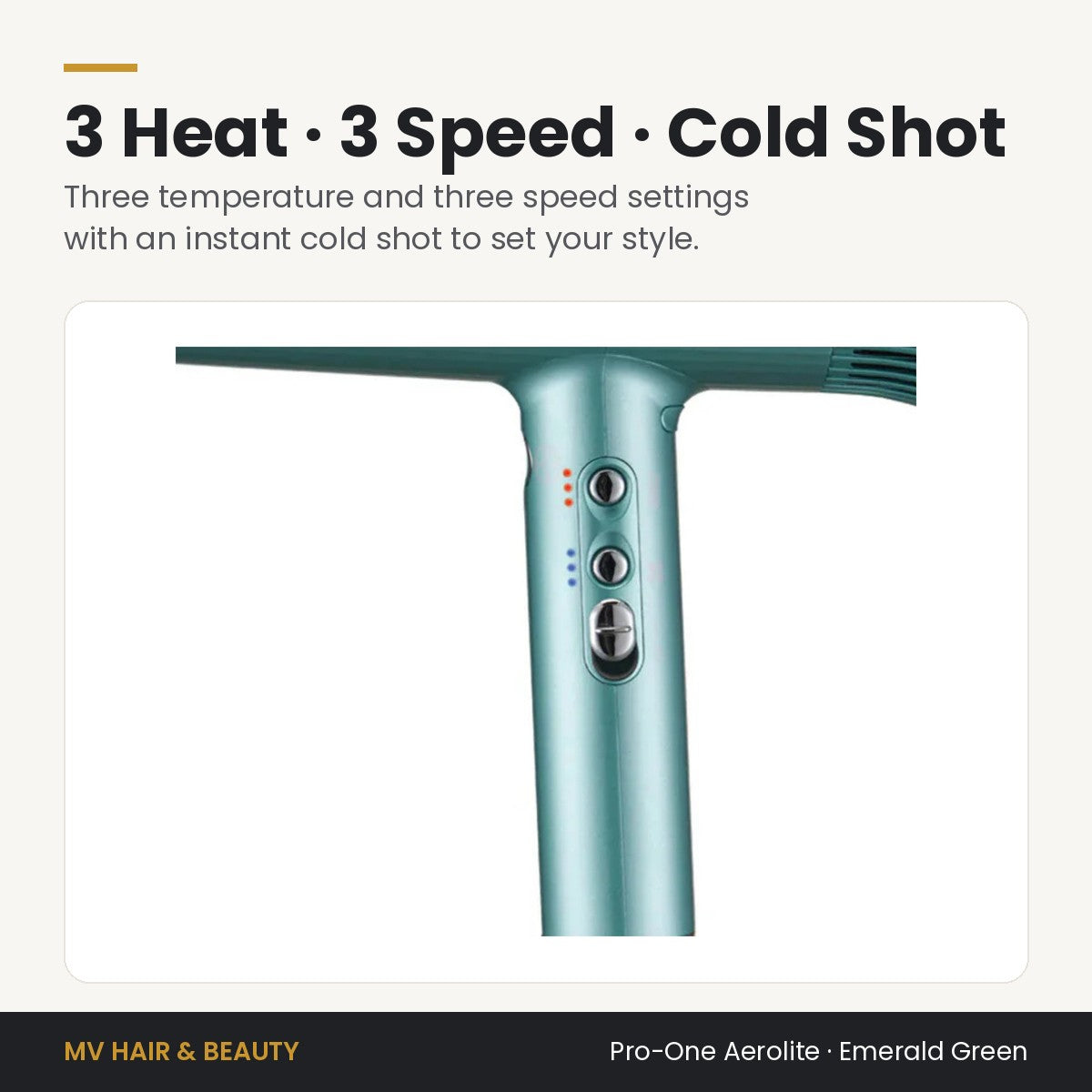 Pro-One Aerolite Hair Dryer in Emerald Green controls: three heat, three speed settings and instant cold shot
