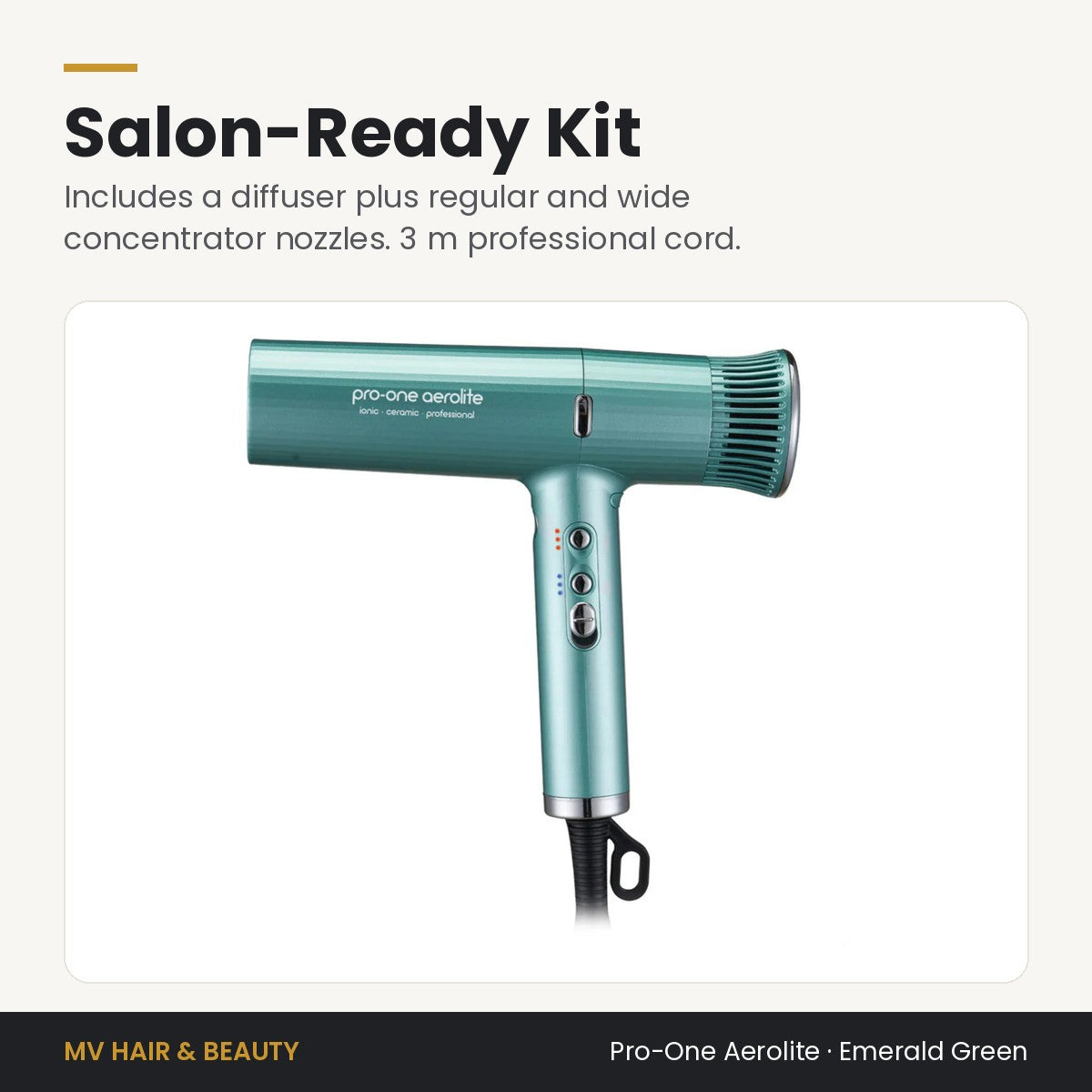 Pro-One Aerolite Hair Dryer in Emerald Green kit: diffuser, regular and wide concentrator nozzles, 3 m cord