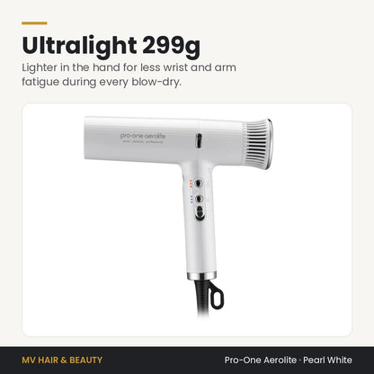 Pro-One Aerolite Hair Dryer in Pearl White weighs just 299g for less hand and wrist fatigue