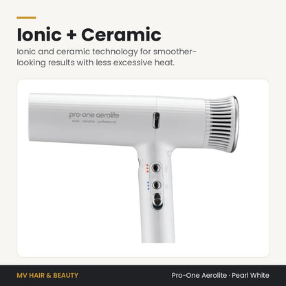 Pro-One Aerolite Hair Dryer in Pearl White with ionic and ceramic technology for smoother-looking hair