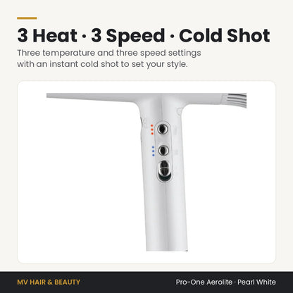 Pro-One Aerolite Hair Dryer in Pearl White controls: three heat, three speed settings and instant cold shot