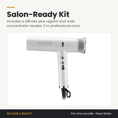 Pro-One Aerolite Hair Dryer in Pearl White kit: diffuser, regular and wide concentrator nozzles, 3 m cord